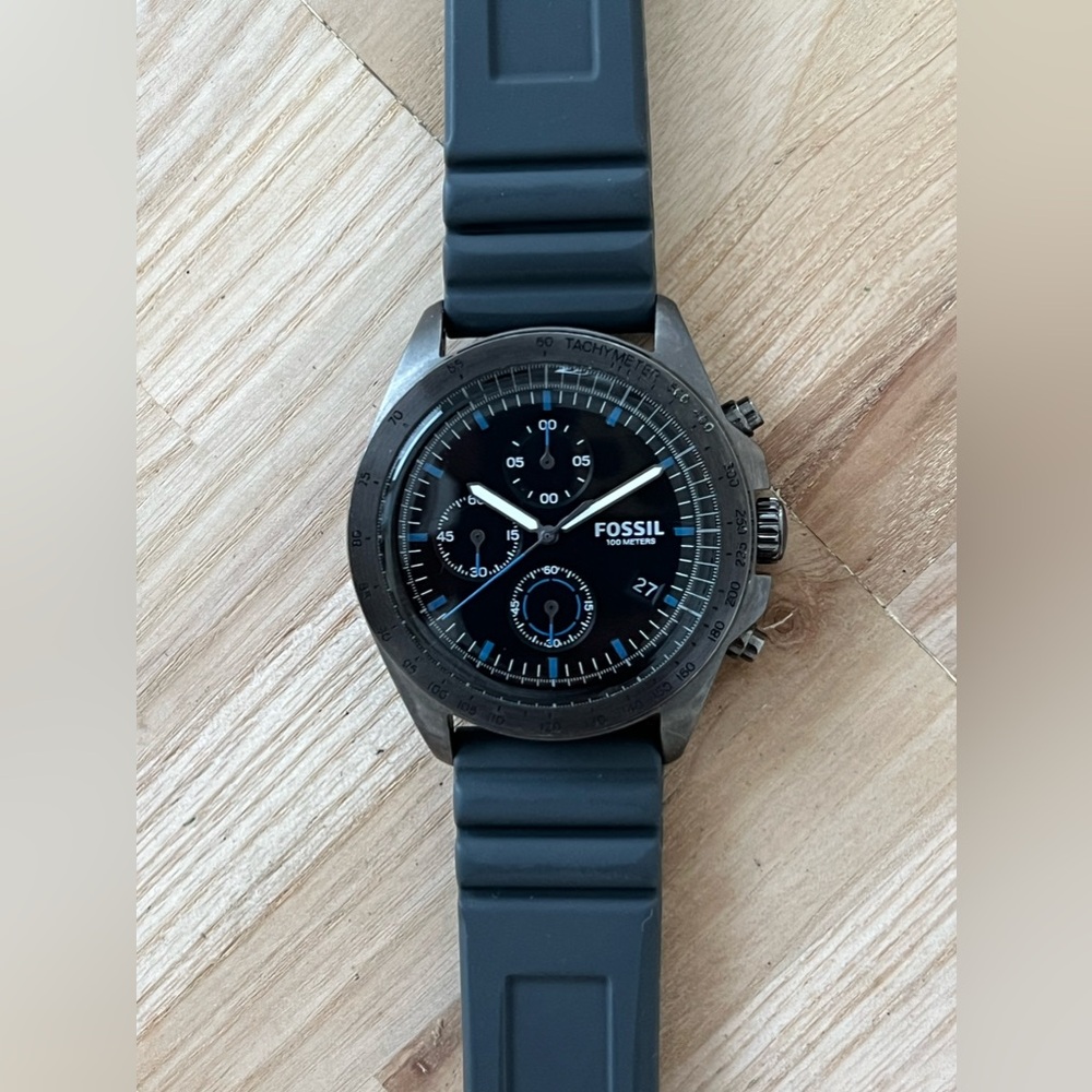 Fossil Chronograph Men’s Watch Black Dial Blue Markers Blue Silicone Strap - Picture 5 of 15